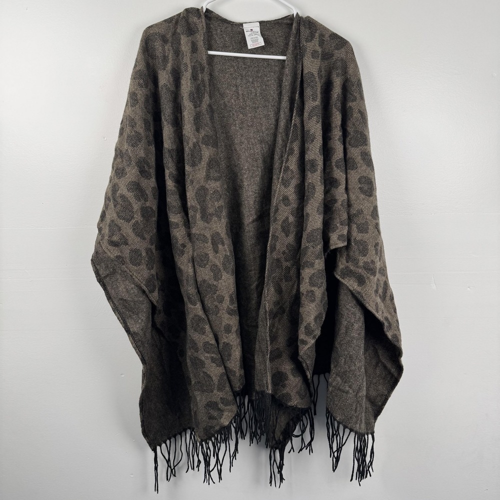 Woolrich Poncho Womens One Size Leopard Animal Print Fringe Ruana Wrap Shawl